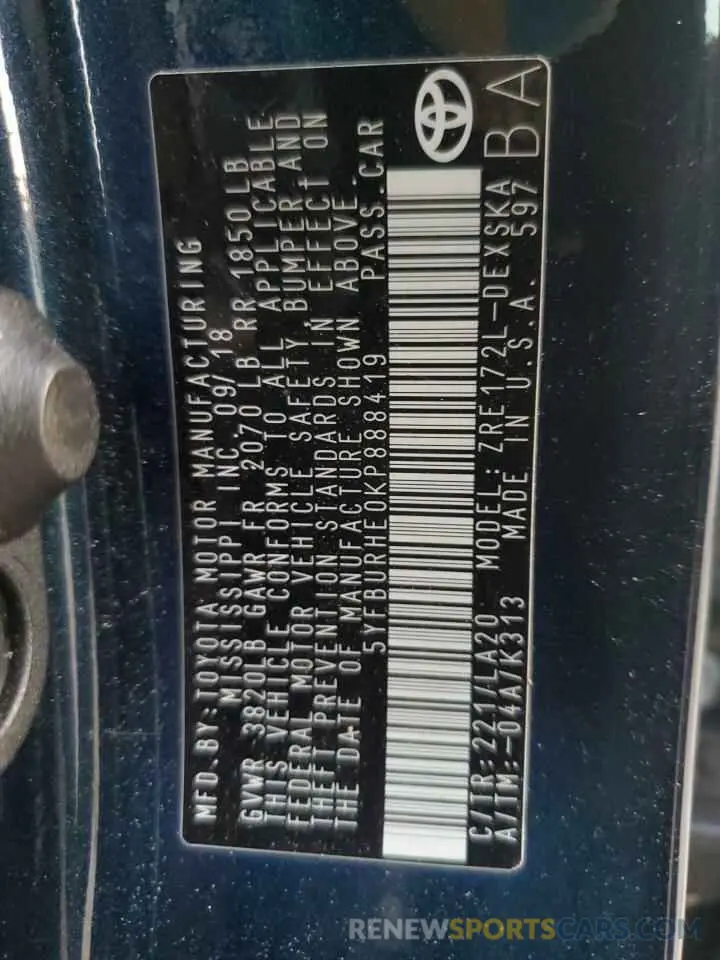 13 fotografías del automóvil dañado 5YFBURHE0KP888419 TOYOTA COROLLA 2019