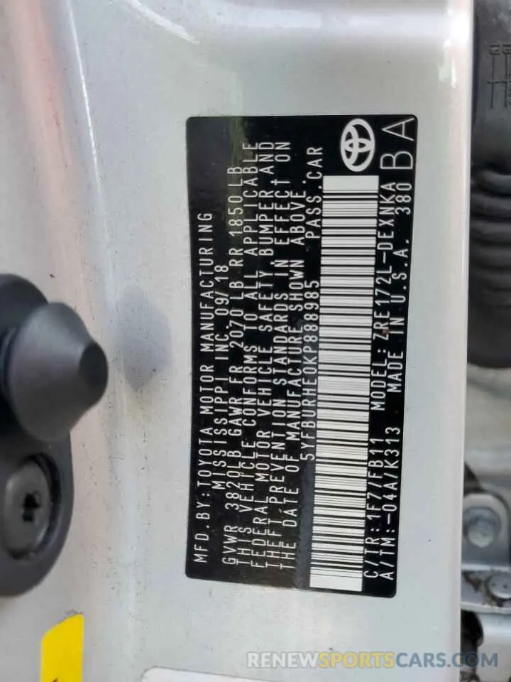 10 fotografías del automóvil dañado 5YFBURHE0KP888985 TOYOTA COROLLA 2019