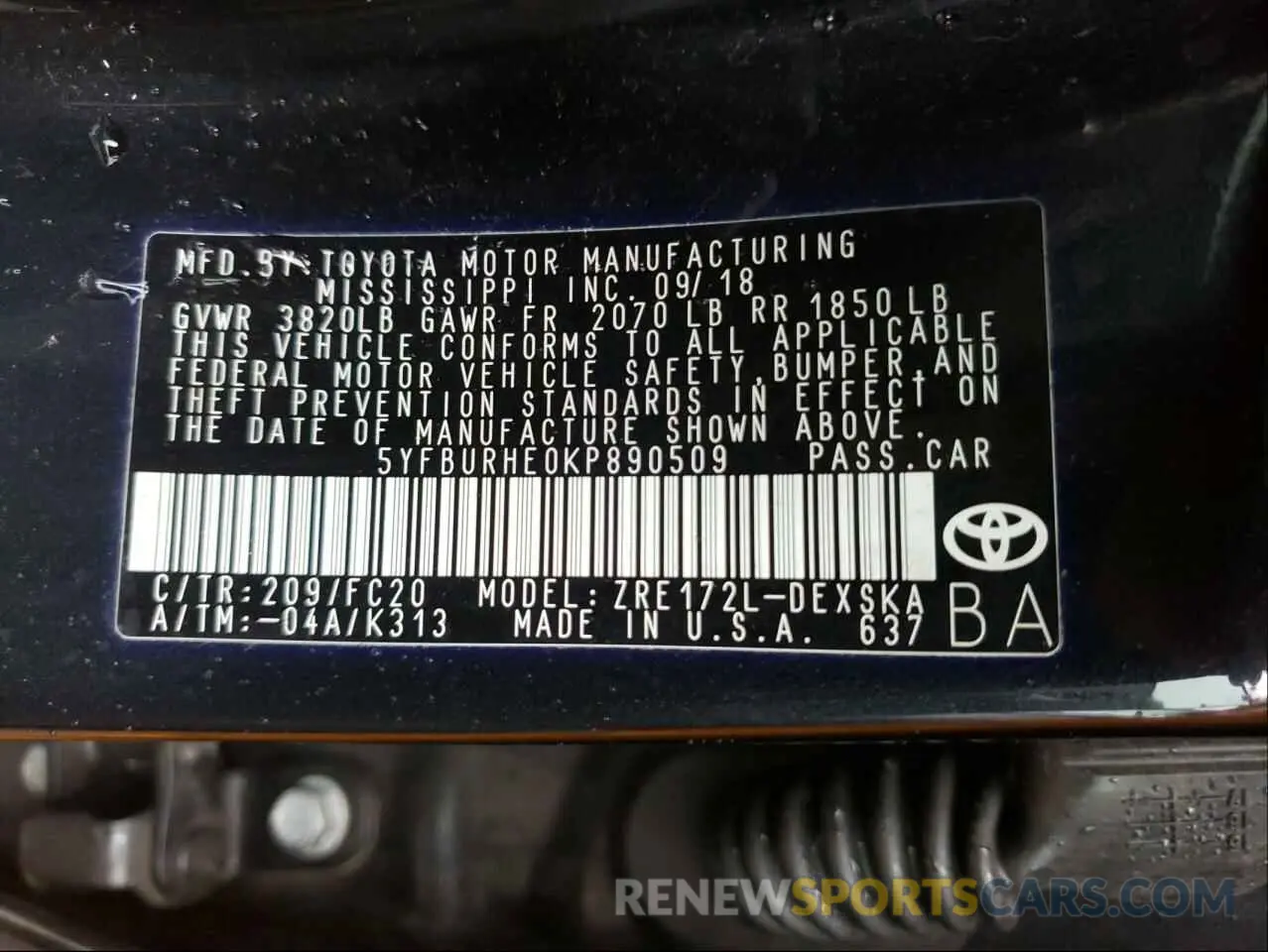 10 fotografías del automóvil dañado 5YFBURHE0KP890509 TOYOTA COROLLA 2019