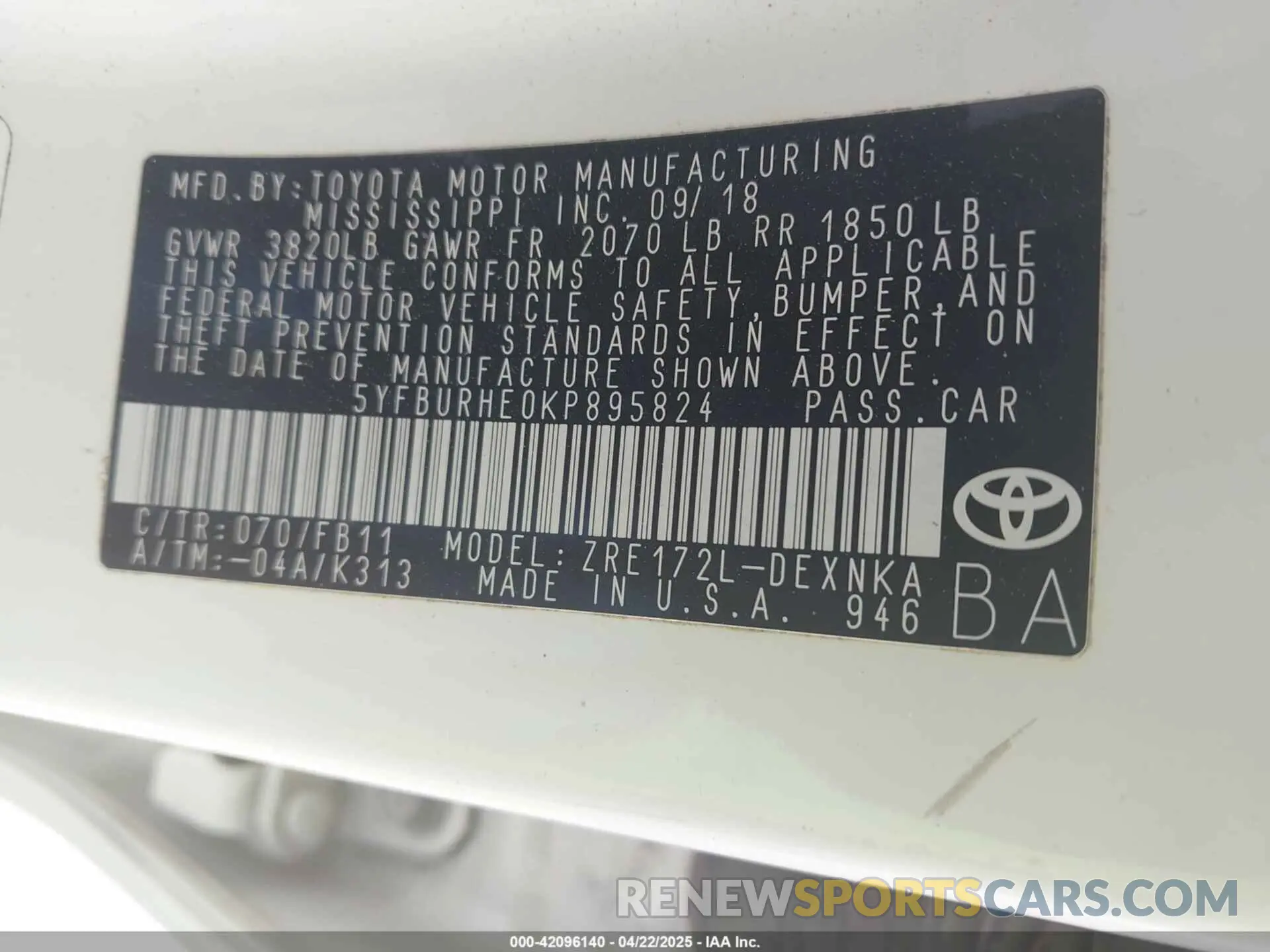 9 fotografías del automóvil dañado 5YFBURHE0KP895824 TOYOTA COROLLA 2019