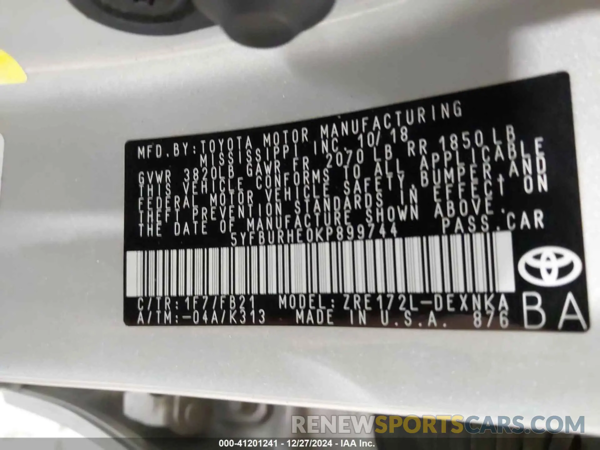 9 fotografías del automóvil dañado 5YFBURHE0KP899744 TOYOTA COROLLA 2019
