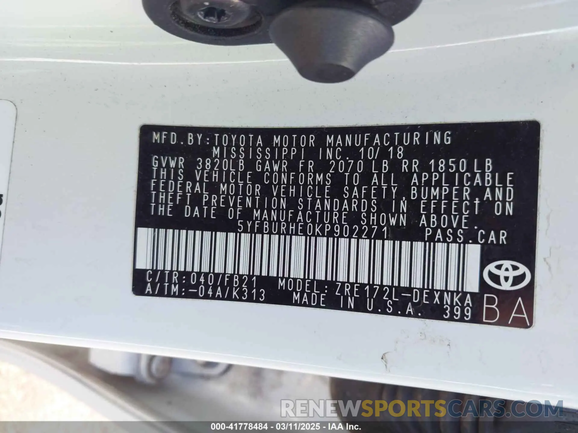 9 fotografías del automóvil dañado 5YFBURHE0KP902271 TOYOTA COROLLA 2019