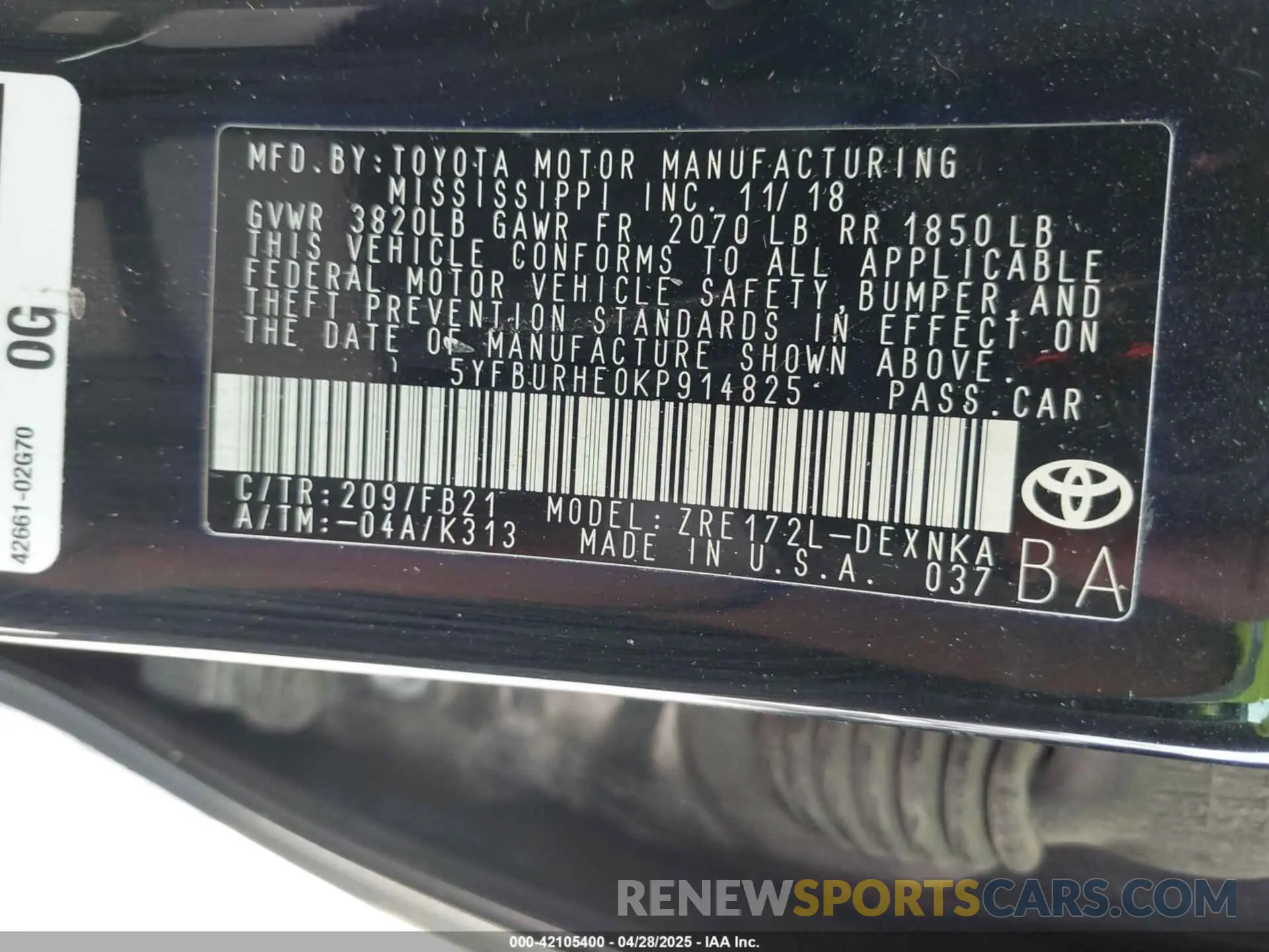 9 fotografías del automóvil dañado 5YFBURHE0KP914825 TOYOTA COROLLA 2019