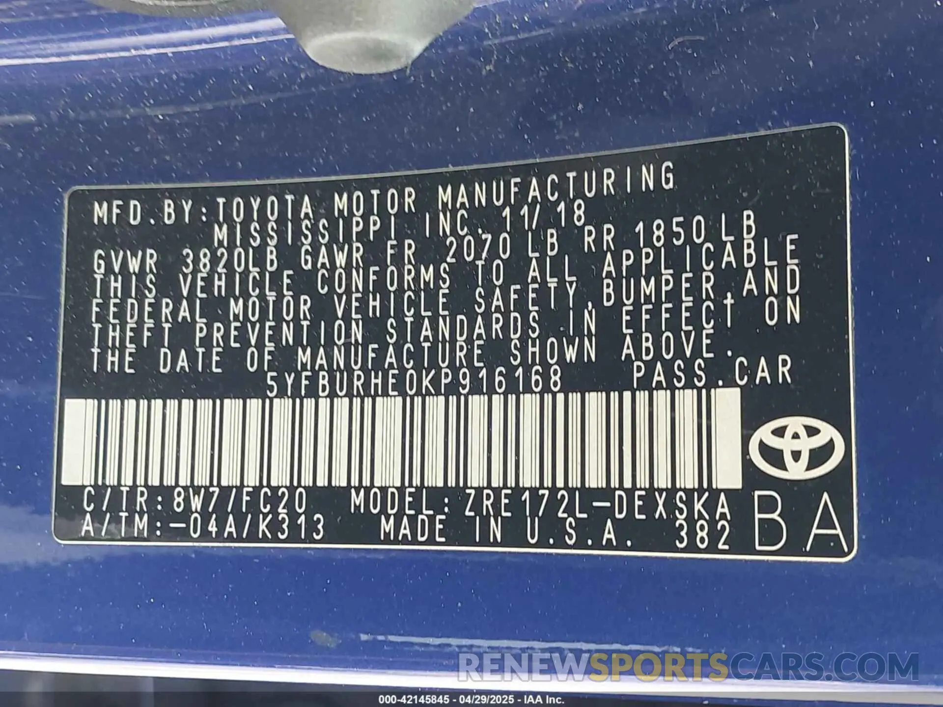 9 fotografías del automóvil dañado 5YFBURHE0KP916168 TOYOTA COROLLA 2019