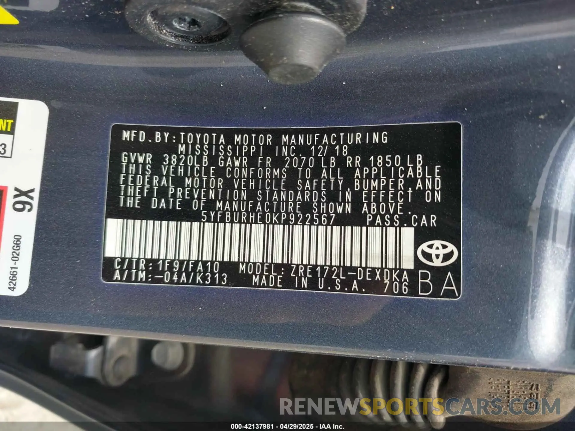 9 fotografías del automóvil dañado 5YFBURHE0KP922567 TOYOTA COROLLA 2019