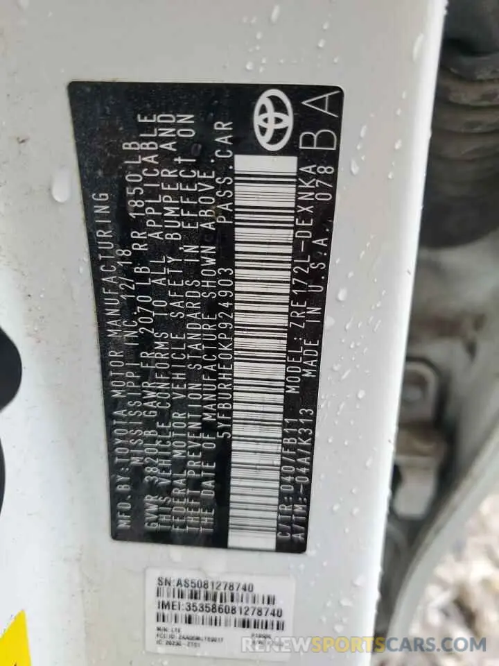 13 fotografías del automóvil dañado 5YFBURHE0KP924903 TOYOTA COROLLA 2019