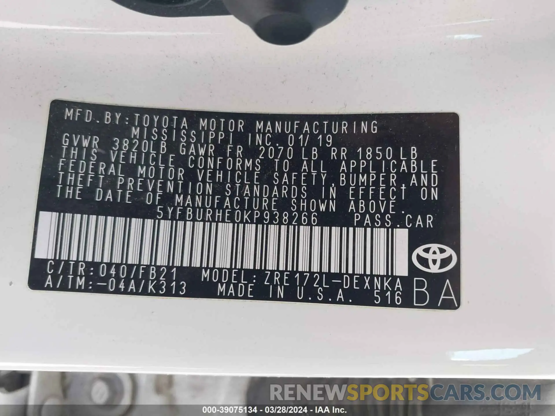 9 fotografías del automóvil dañado 5YFBURHE0KP938266 TOYOTA COROLLA 2019