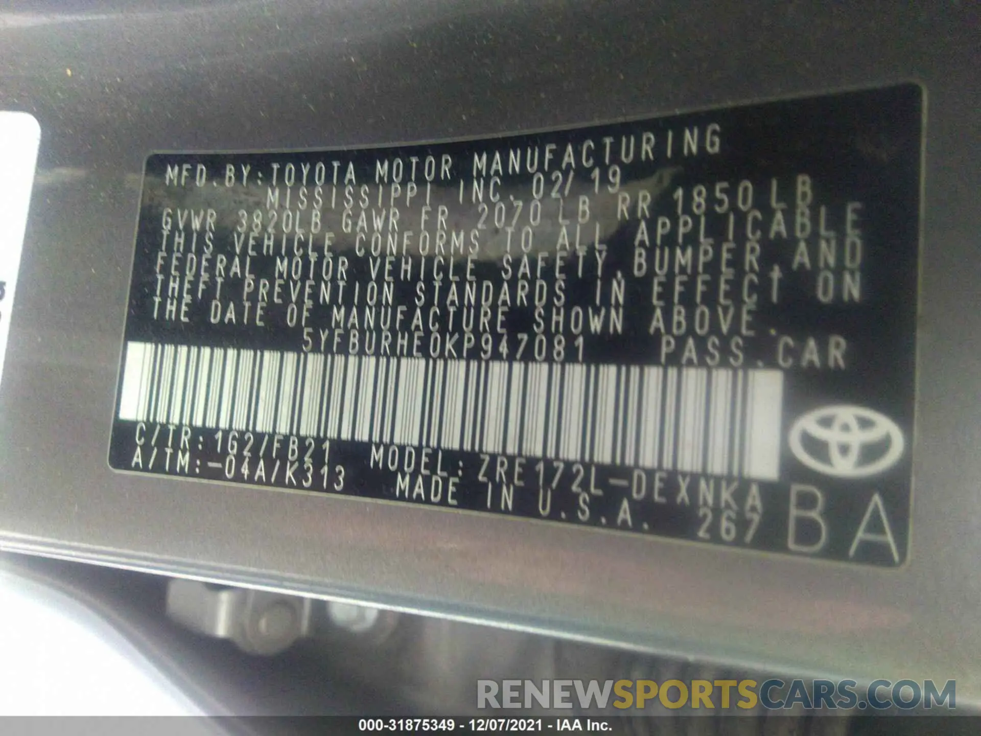 9 fotografías del automóvil dañado 5YFBURHE0KP947081 TOYOTA COROLLA 2019