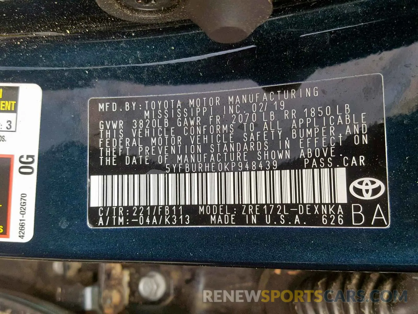 10 fotografías del automóvil dañado 5YFBURHE0KP948439 TOYOTA COROLLA 2019