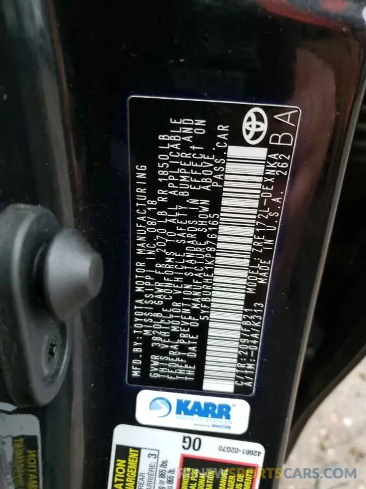 12 fotografías del automóvil dañado 5YFBURHE1KP876165 TOYOTA COROLLA 2019