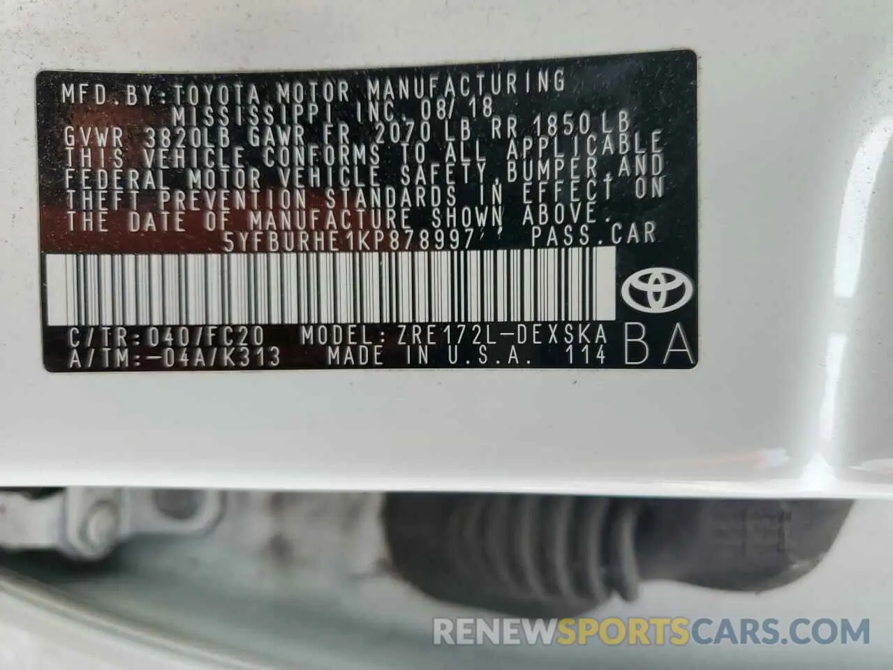 12 fotografías del automóvil dañado 5YFBURHE1KP878997 TOYOTA COROLLA 2019