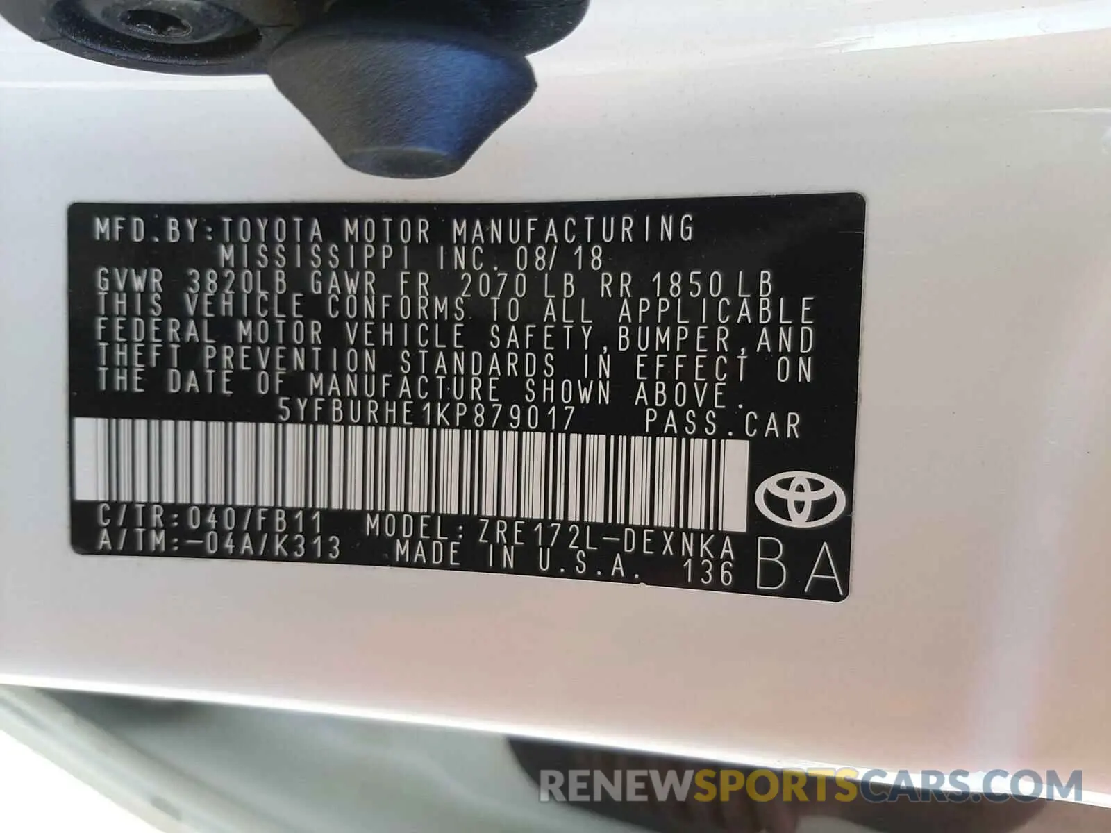 10 fotografías del automóvil dañado 5YFBURHE1KP879017 TOYOTA COROLLA 2019