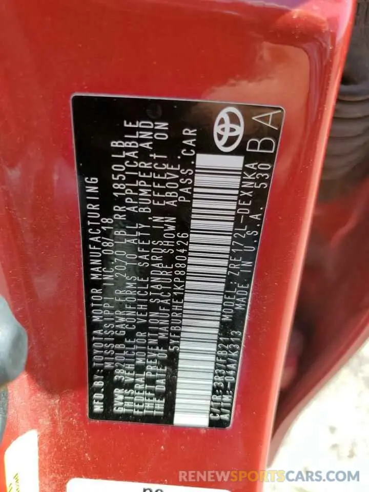 13 fotografías del automóvil dañado 5YFBURHE1KP880426 TOYOTA COROLLA 2019