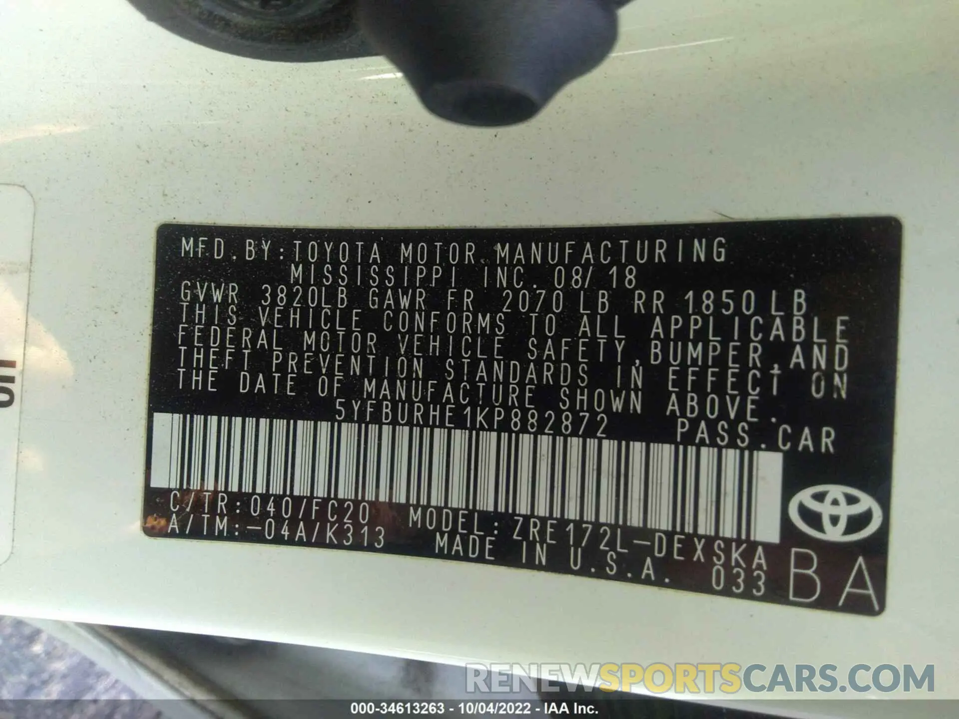 9 fotografías del automóvil dañado 5YFBURHE1KP882872 TOYOTA COROLLA 2019