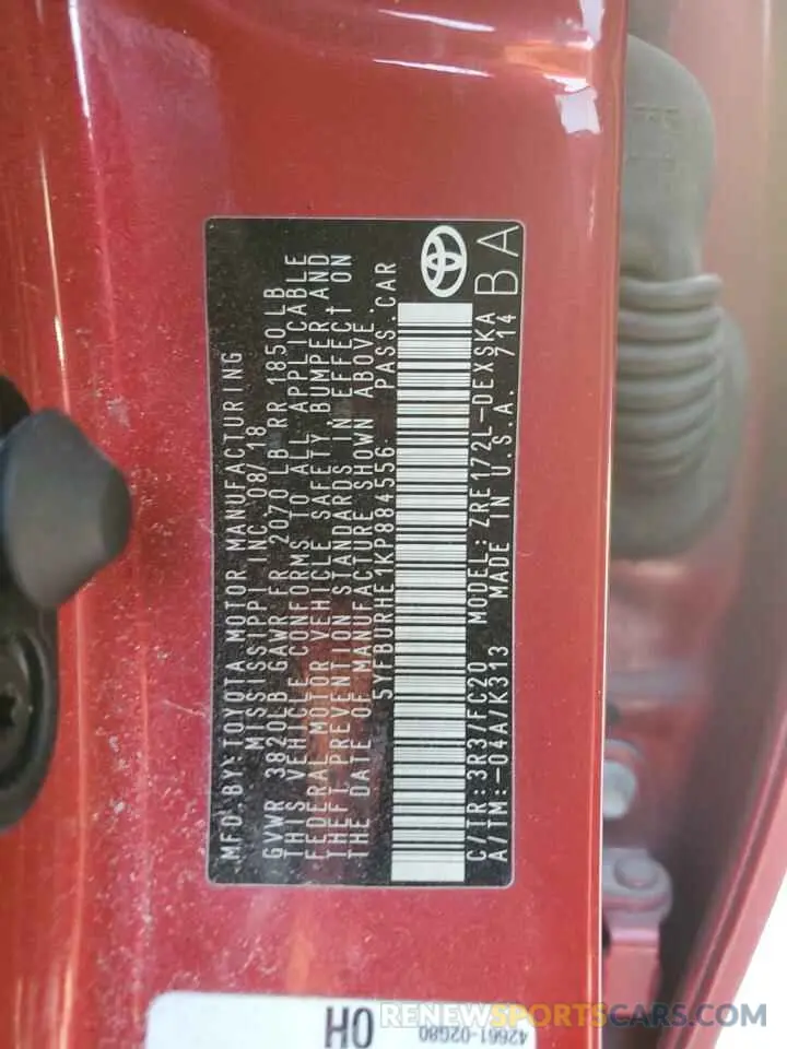 13 fotografías del automóvil dañado 5YFBURHE1KP884556 TOYOTA COROLLA 2019