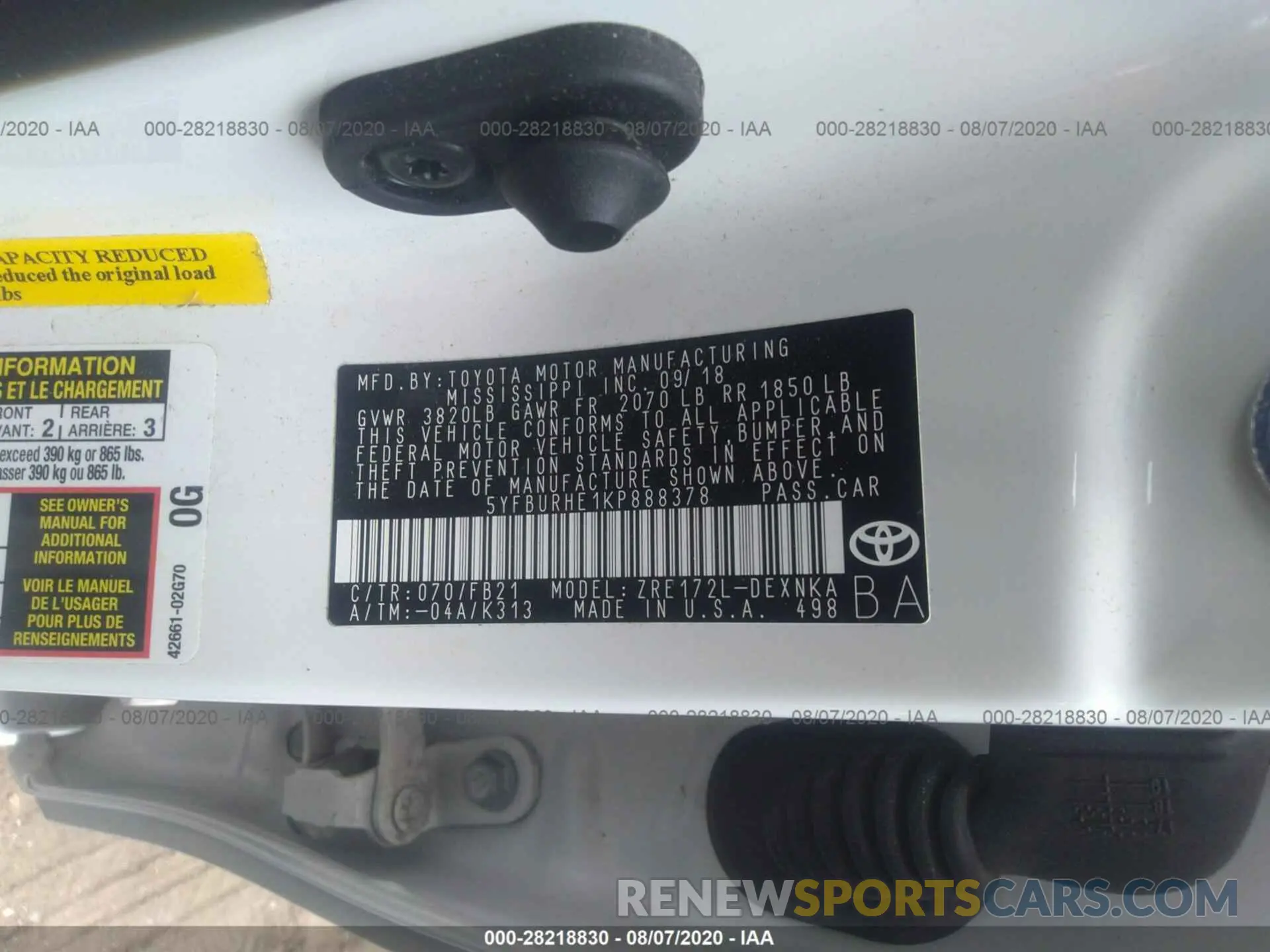 9 fotografías del automóvil dañado 5YFBURHE1KP888378 TOYOTA COROLLA 2019