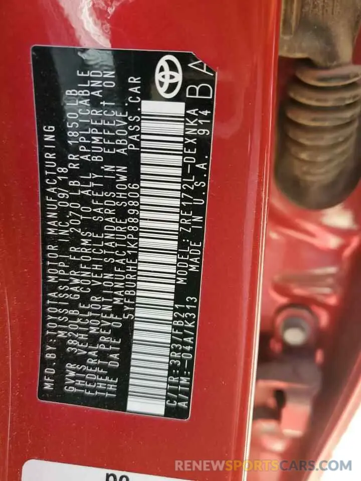 15 fotografías del automóvil dañado 5YFBURHE1KP889806 TOYOTA COROLLA 2019