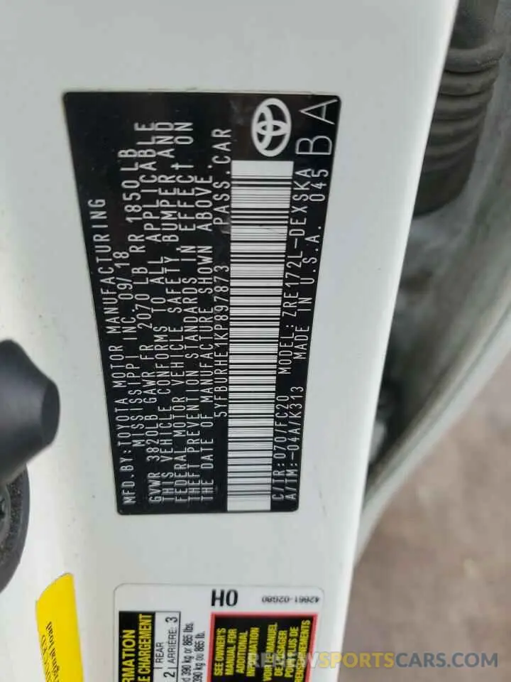 12 fotografías del automóvil dañado 5YFBURHE1KP897873 TOYOTA COROLLA 2019