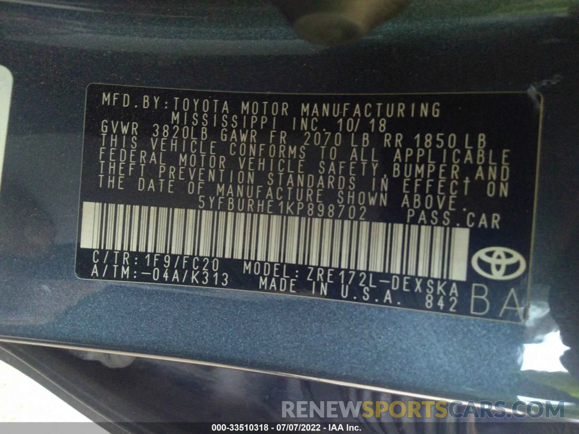 9 fotografías del automóvil dañado 5YFBURHE1KP898702 TOYOTA COROLLA 2019