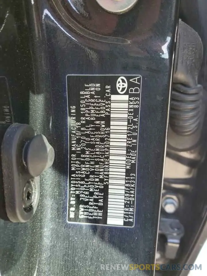 12 fotografías del automóvil dañado 5YFBURHE1KP902716 TOYOTA COROLLA 2019