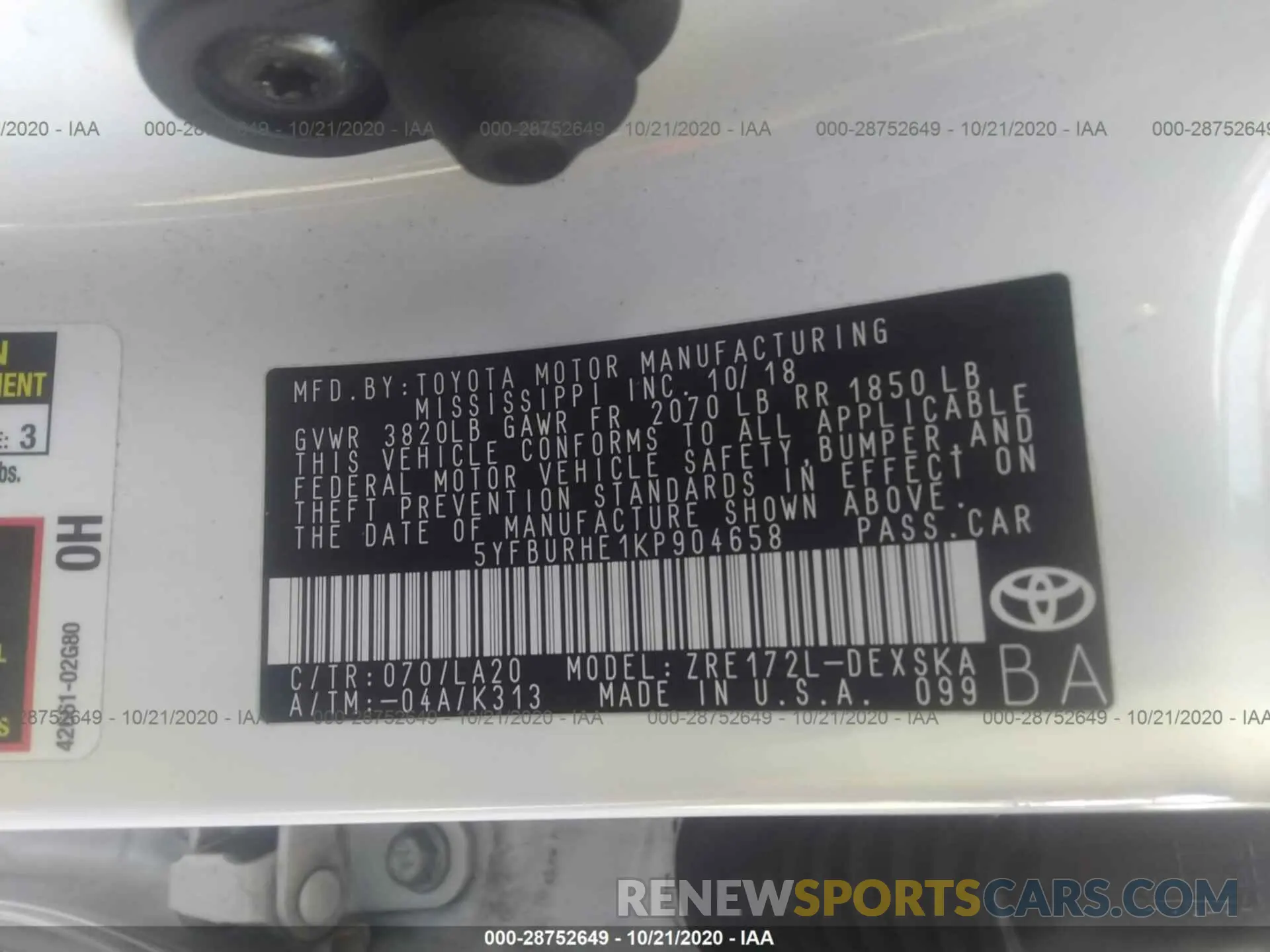 9 fotografías del automóvil dañado 5YFBURHE1KP904658 TOYOTA COROLLA 2019