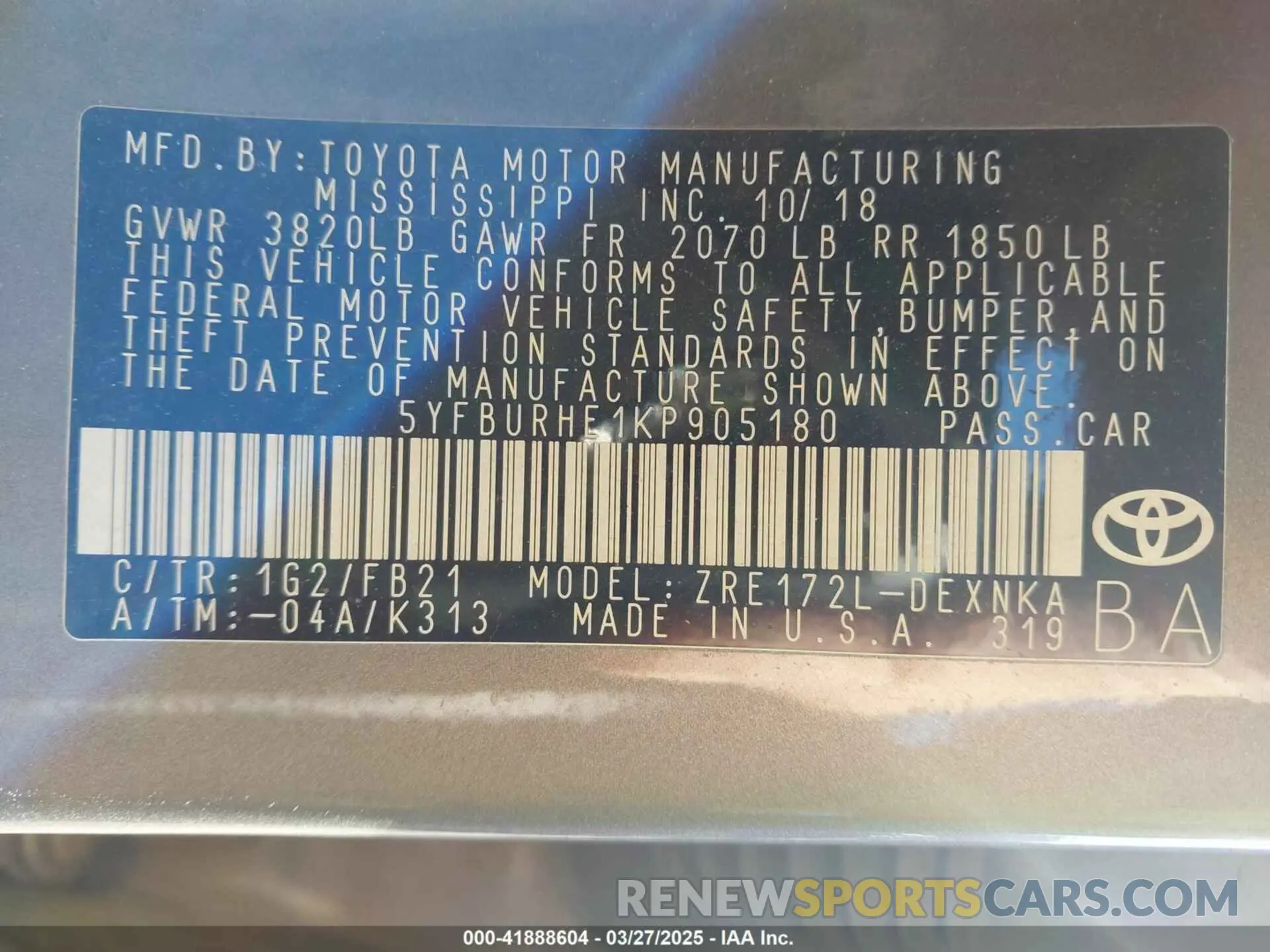 9 fotografías del automóvil dañado 5YFBURHE1KP905180 TOYOTA COROLLA 2019