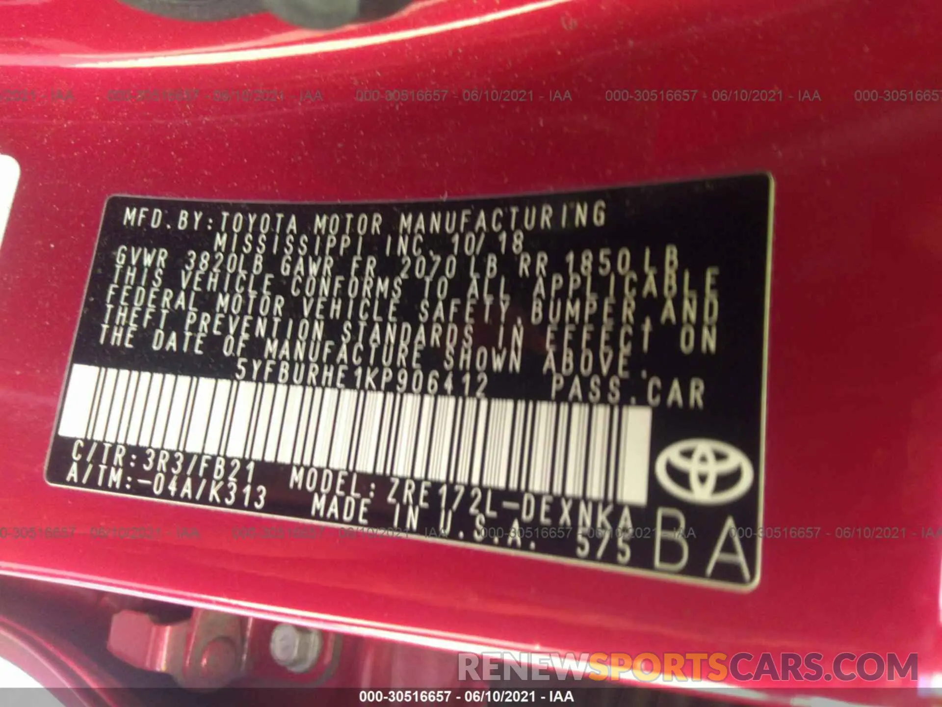 9 fotografías del automóvil dañado 5YFBURHE1KP906412 TOYOTA COROLLA 2019