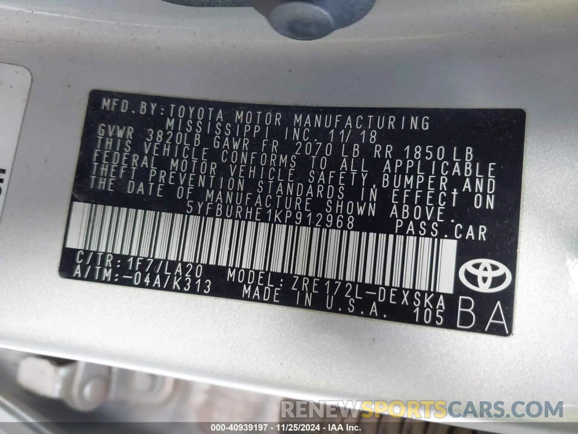 9 fotografías del automóvil dañado 5YFBURHE1KP912968 TOYOTA COROLLA 2019