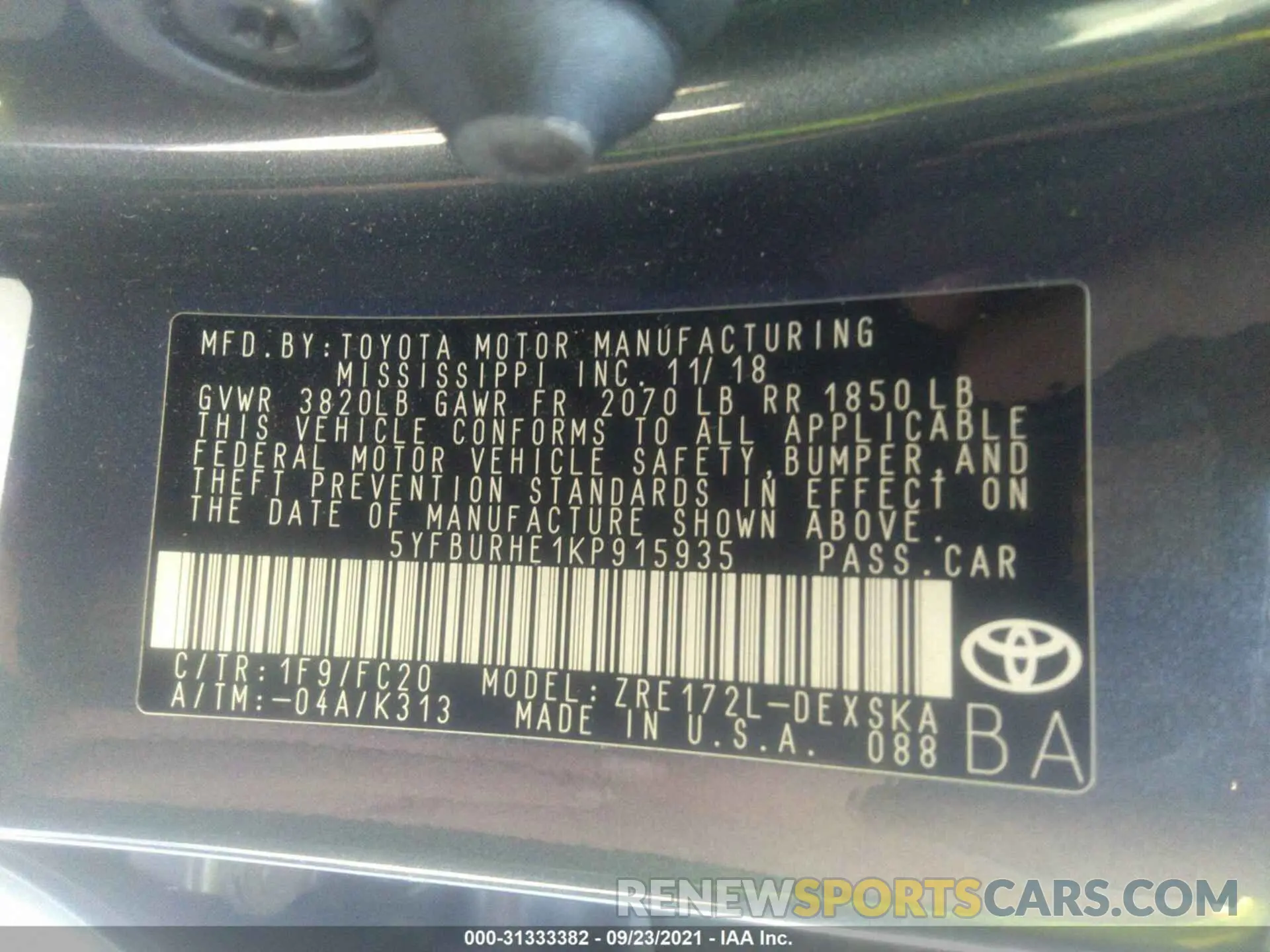 9 fotografías del automóvil dañado 5YFBURHE1KP915935 TOYOTA COROLLA 2019