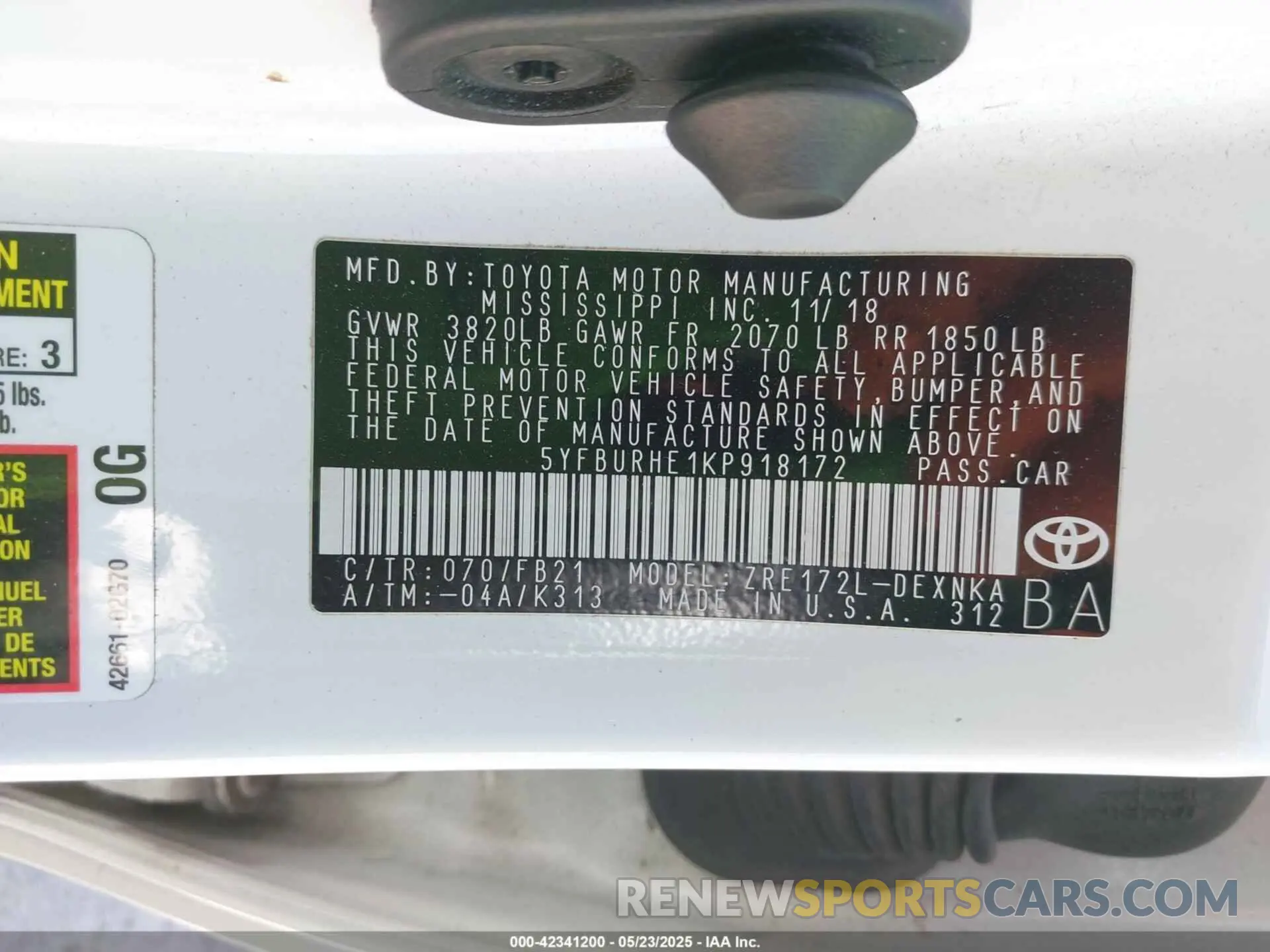 9 fotografías del automóvil dañado 5YFBURHE1KP918172 TOYOTA COROLLA 2019