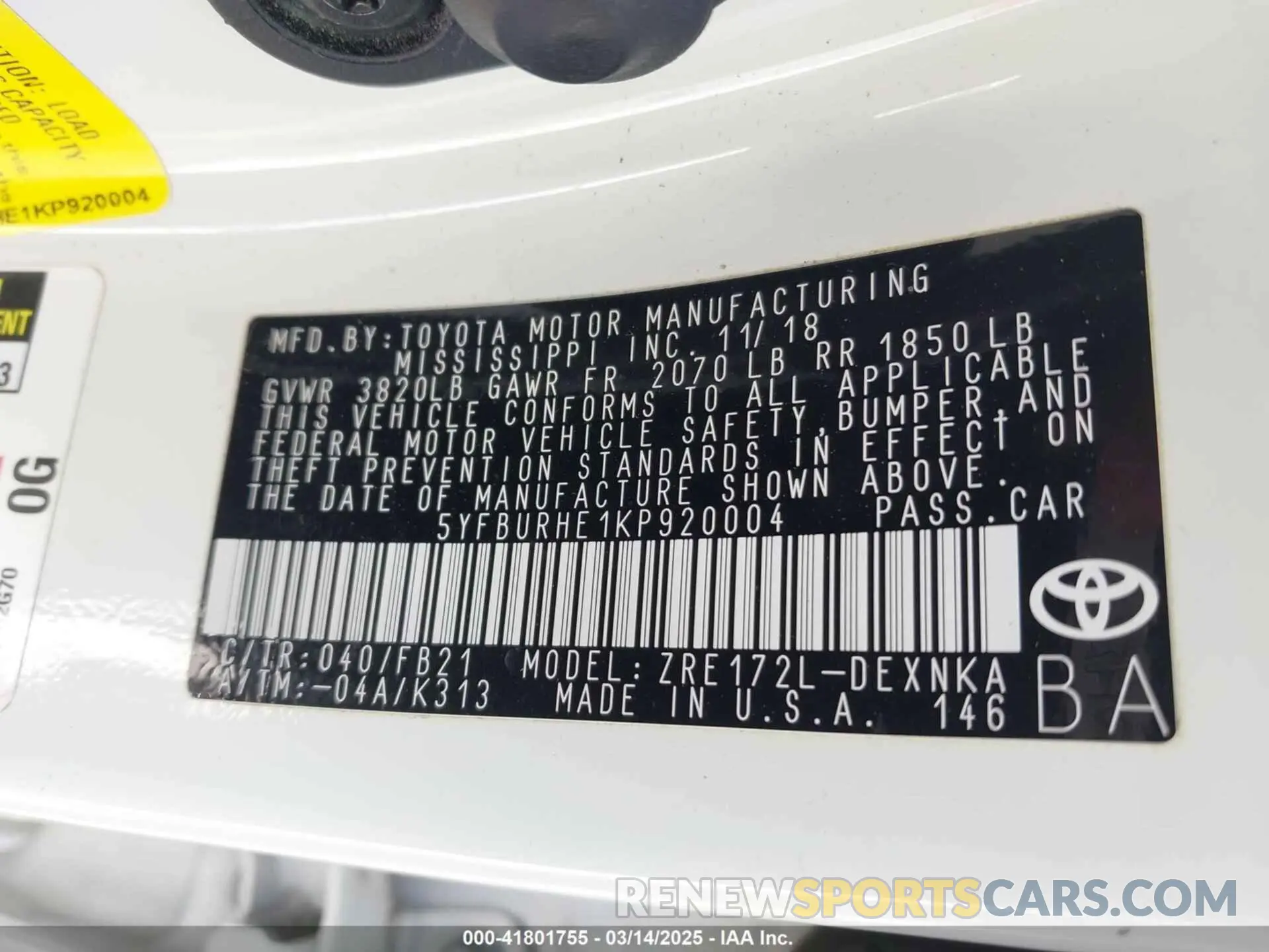 9 fotografías del automóvil dañado 5YFBURHE1KP920004 TOYOTA COROLLA 2019