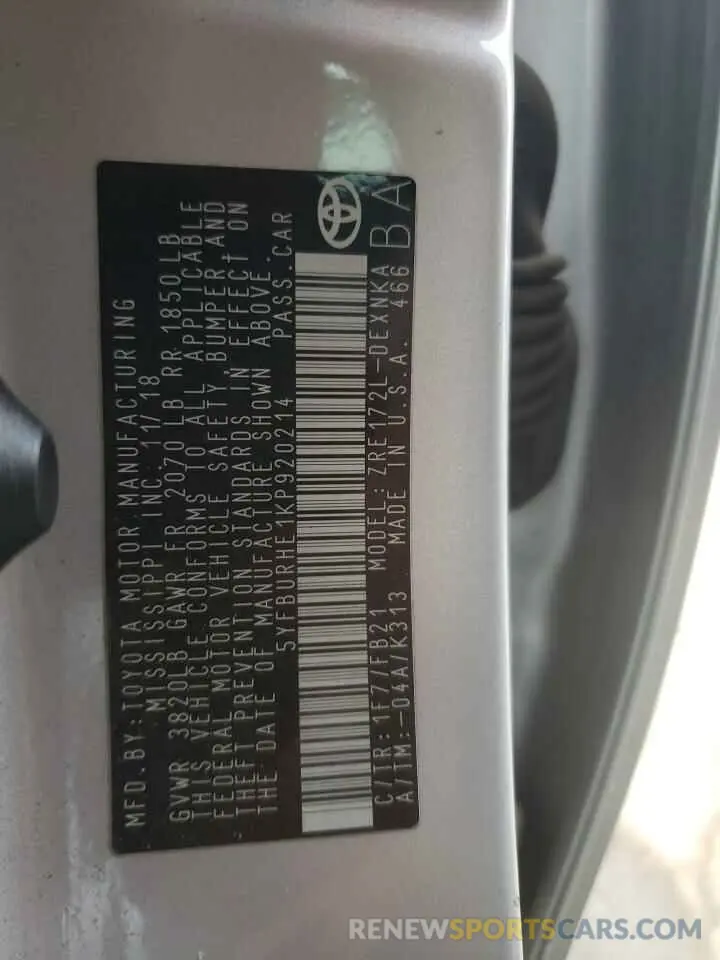 13 fotografías del automóvil dañado 5YFBURHE1KP920214 TOYOTA COROLLA 2019