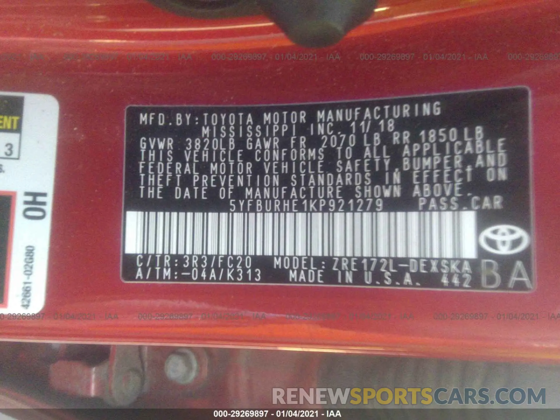 9 fotografías del automóvil dañado 5YFBURHE1KP921279 TOYOTA COROLLA 2019