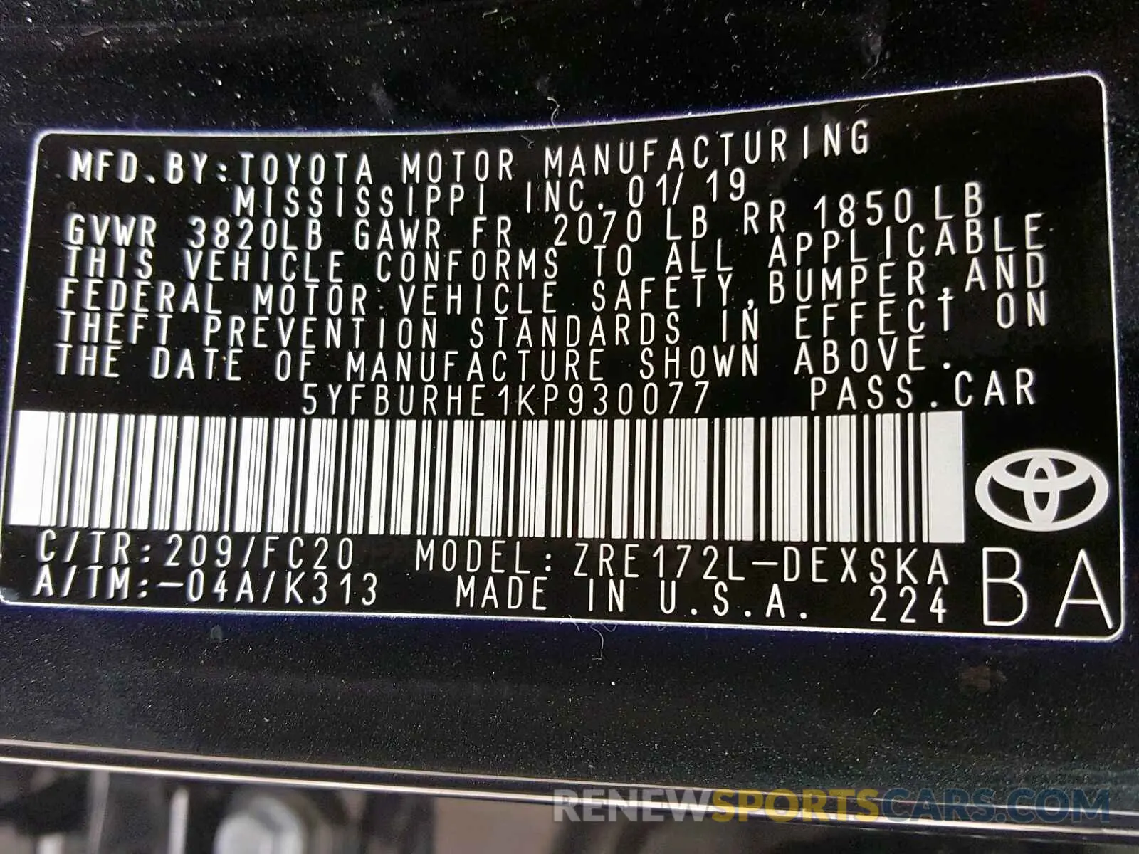 10 fotografías del automóvil dañado 5YFBURHE1KP930077 TOYOTA COROLLA 2019