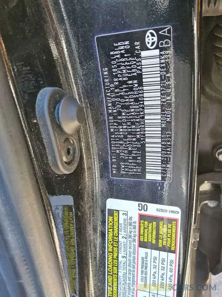 12 fotografías del automóvil dañado 5YFBURHE1KP940866 TOYOTA COROLLA 2019