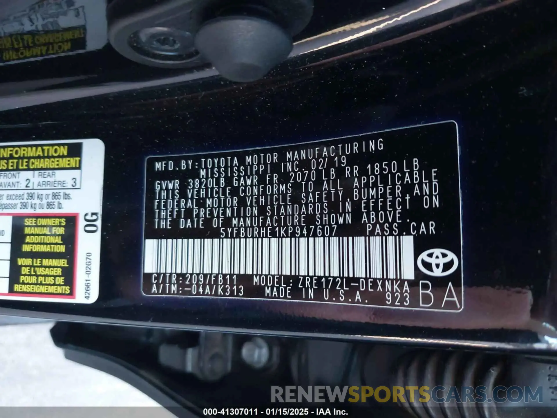 9 fotografías del automóvil dañado 5YFBURHE1KP947607 TOYOTA COROLLA 2019