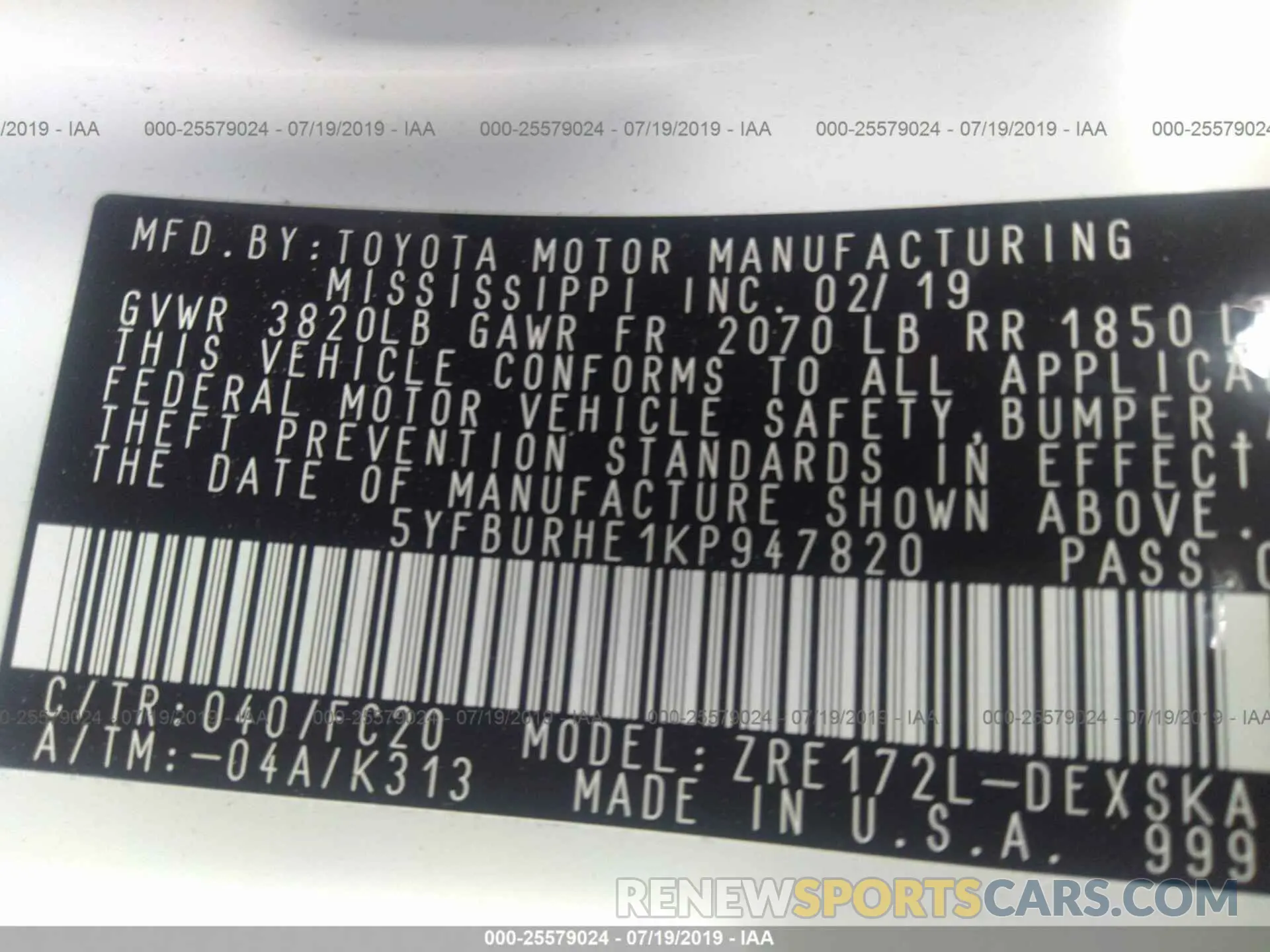 9 fotografías del automóvil dañado 5YFBURHE1KP947820 TOYOTA COROLLA 2019