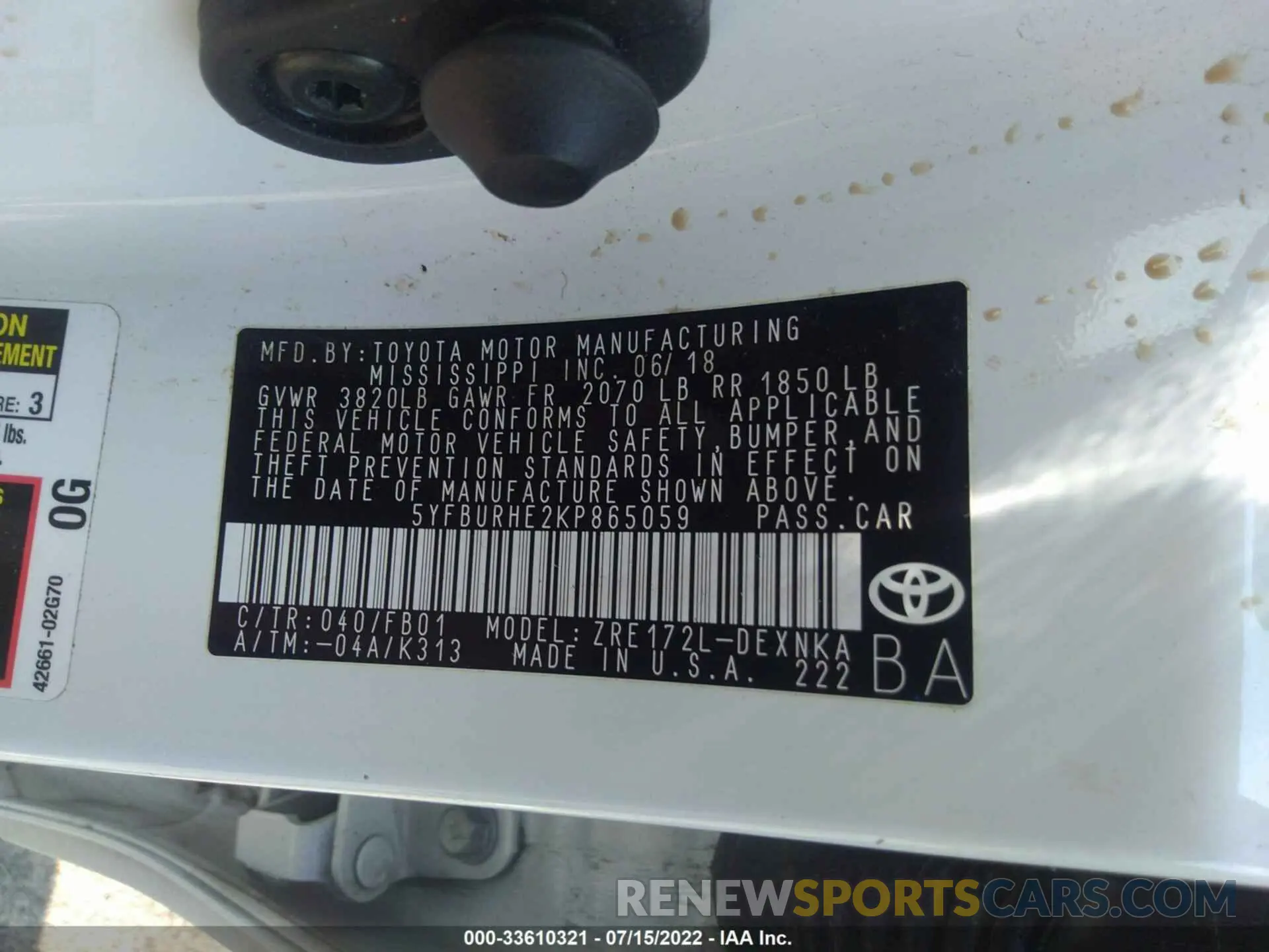 9 fotografías del automóvil dañado 5YFBURHE2KP865059 TOYOTA COROLLA 2019
