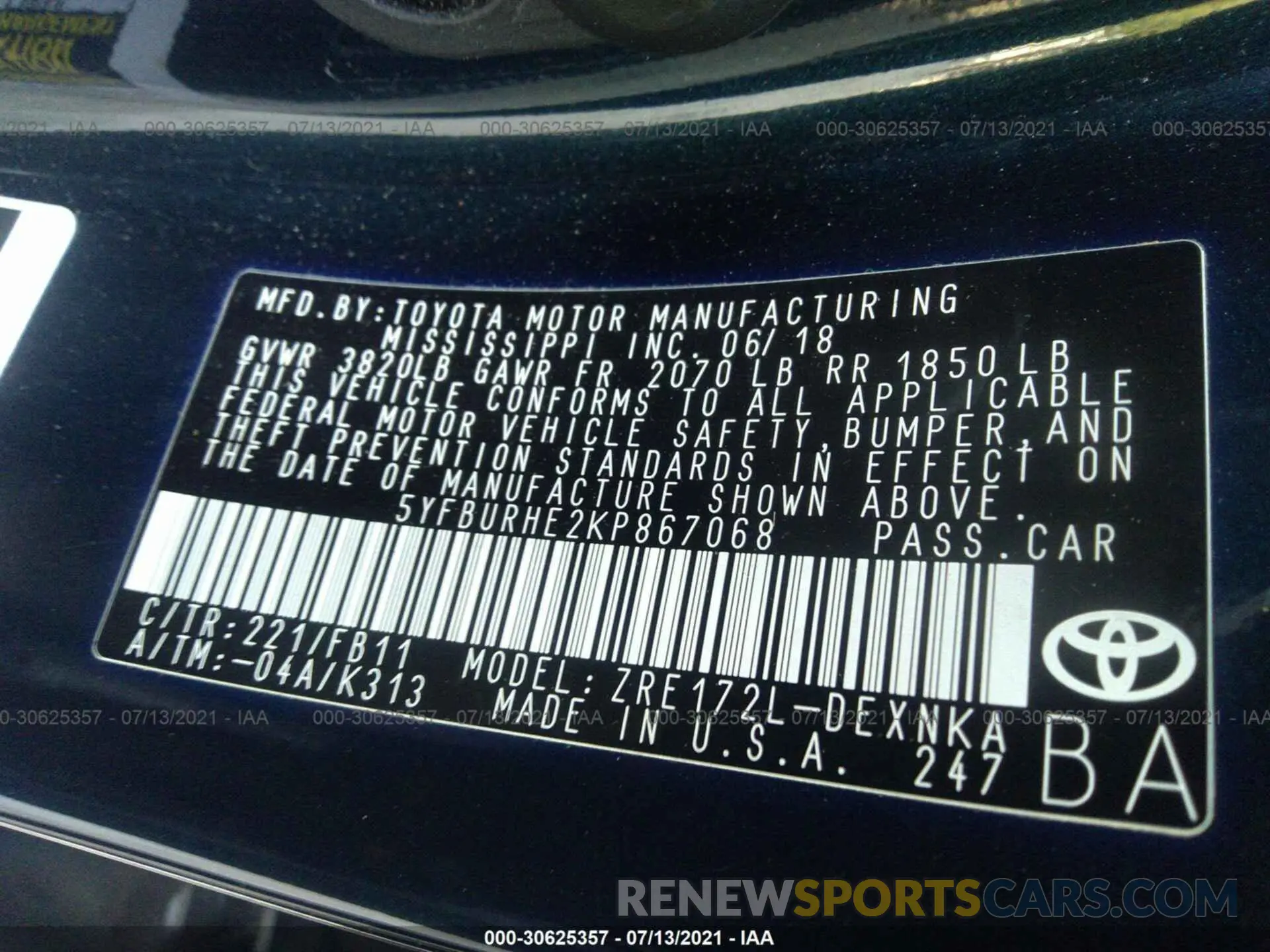 9 fotografías del automóvil dañado 5YFBURHE2KP867068 TOYOTA COROLLA 2019