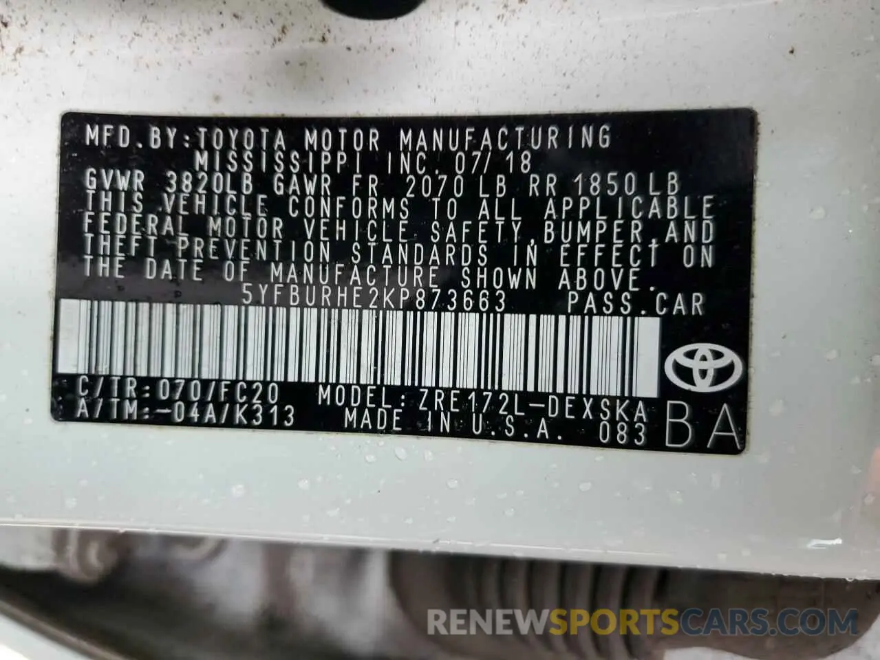12 fotografías del automóvil dañado 5YFBURHE2KP873663 TOYOTA COROLLA 2019