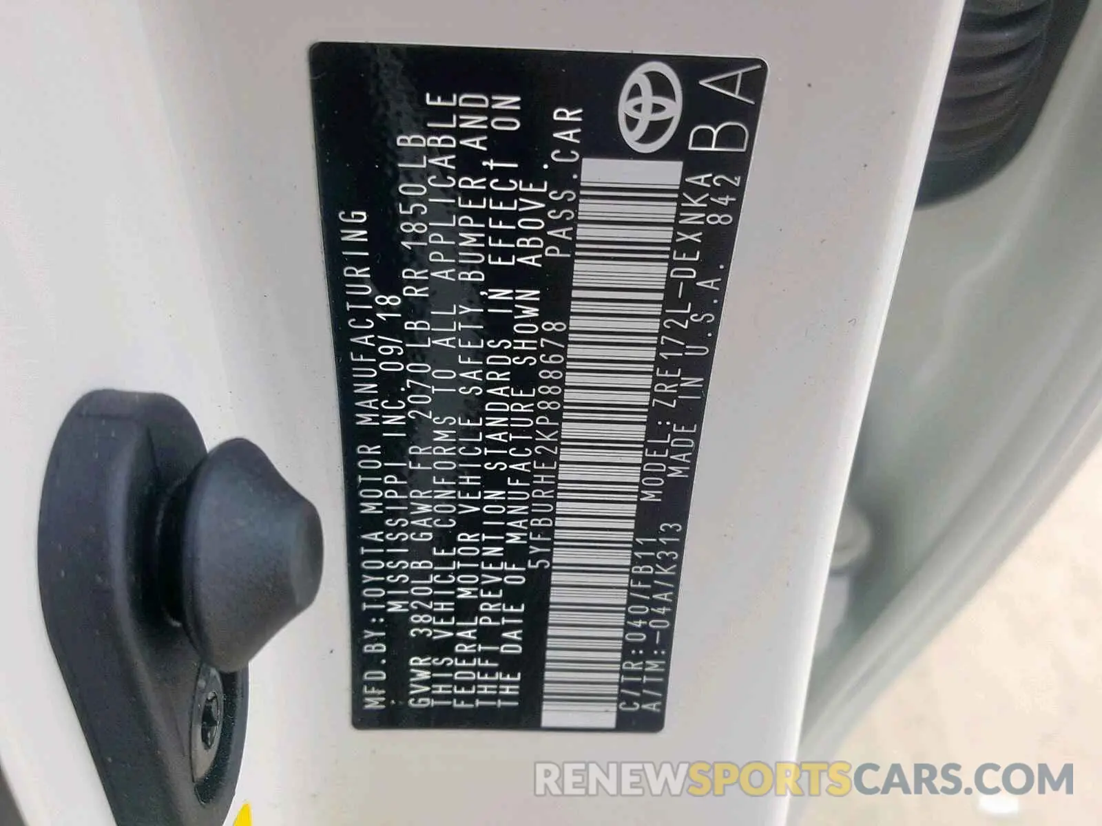 10 fotografías del automóvil dañado 5YFBURHE2KP888678 TOYOTA COROLLA 2019