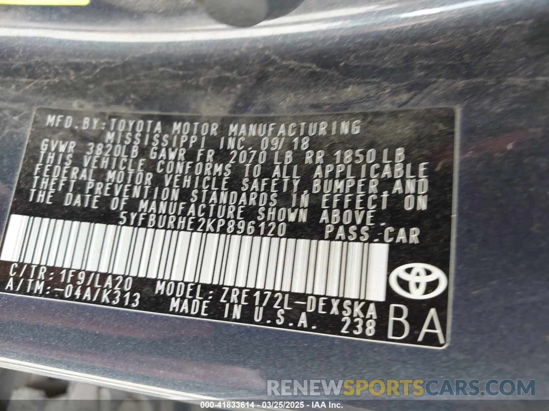 9 fotografías del automóvil dañado 5YFBURHE2KP896120 TOYOTA COROLLA 2019