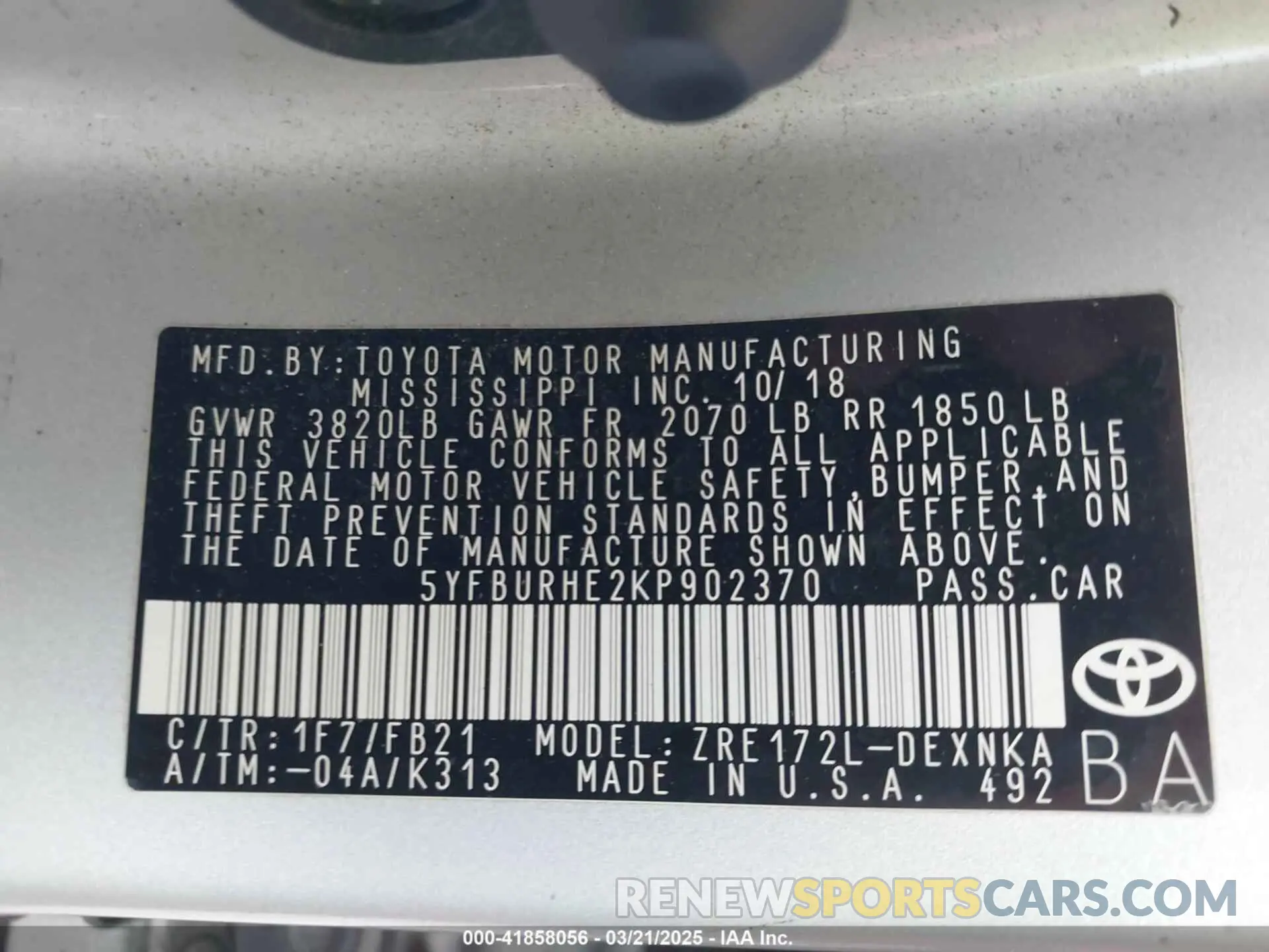 9 fotografías del automóvil dañado 5YFBURHE2KP902370 TOYOTA COROLLA 2019