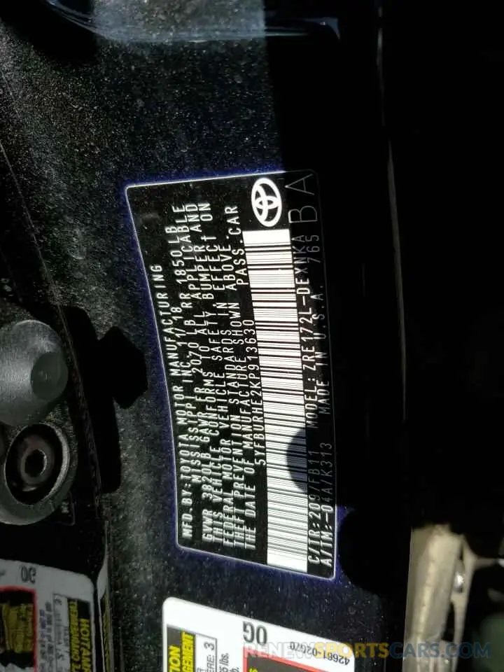 12 fotografías del automóvil dañado 5YFBURHE2KP913630 TOYOTA COROLLA 2019