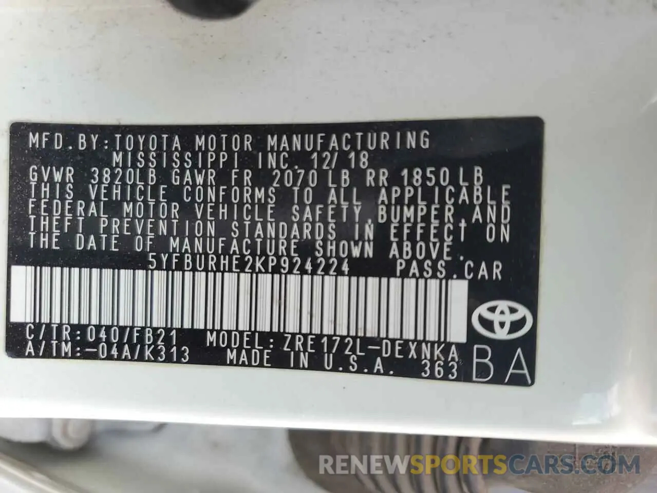 12 fotografías del automóvil dañado 5YFBURHE2KP924224 TOYOTA COROLLA 2019