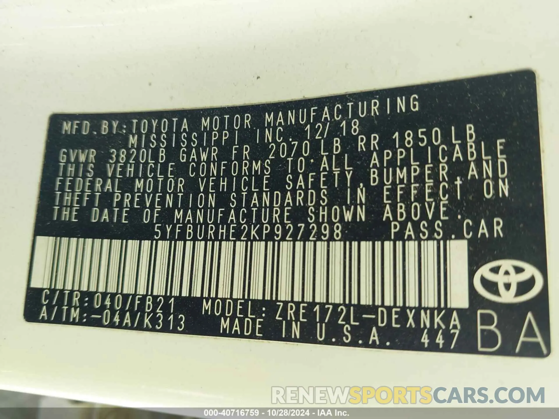 9 fotografías del automóvil dañado 5YFBURHE2KP927298 TOYOTA COROLLA 2019