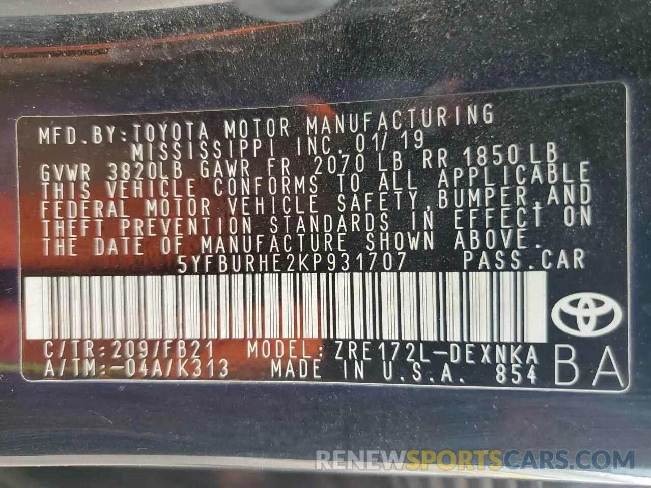 13 fotografías del automóvil dañado 5YFBURHE2KP931707 TOYOTA COROLLA 2019