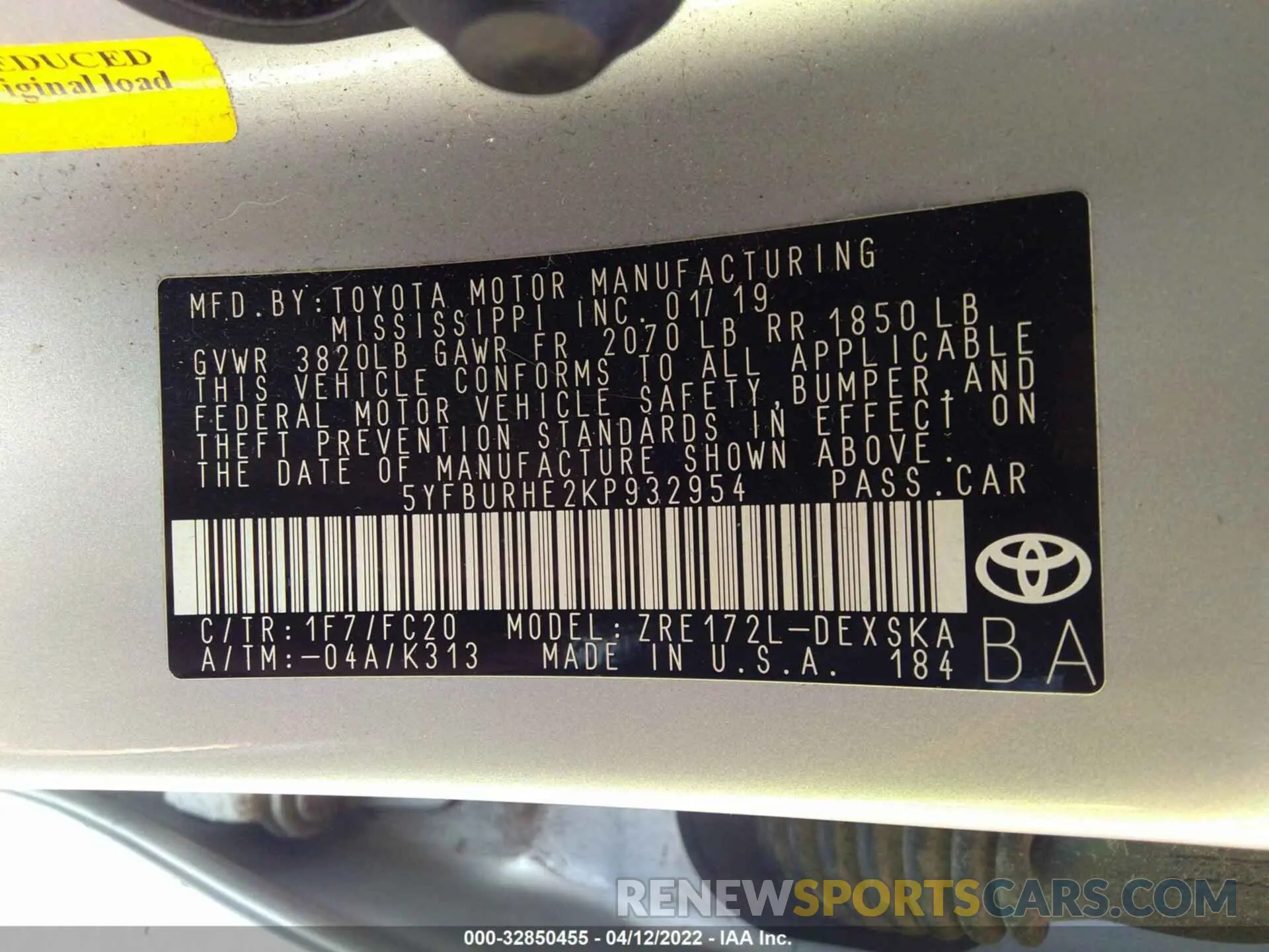 9 fotografías del automóvil dañado 5YFBURHE2KP932954 TOYOTA COROLLA 2019