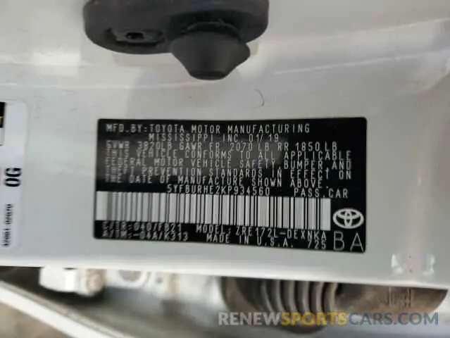 12 fotografías del automóvil dañado 5YFBURHE2KP934560 TOYOTA COROLLA 2019