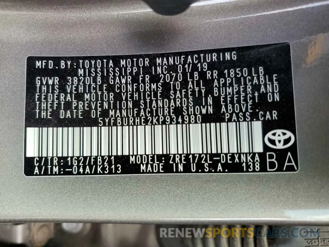 12 fotografías del automóvil dañado 5YFBURHE2KP934980 TOYOTA COROLLA 2019
